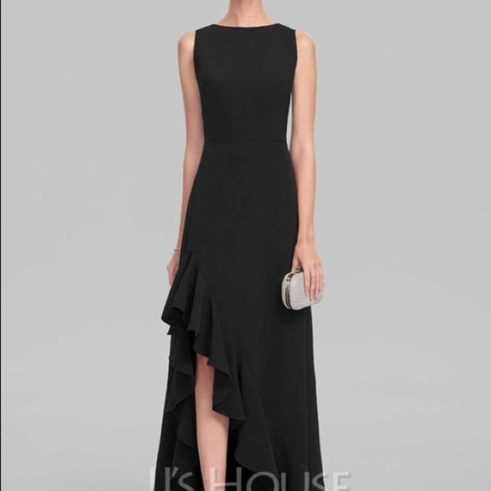 BURGUNDY A-Line Scoop Neck Asymmetrical Stretch Crepe Dress W/Cascading Ruffles